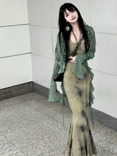 BXOXO New Chinese Style Halo Dyeing Slim Fit Camisole Dresses+ Y2k Ruffles Long Sleeve Green Cardigan Spring Two Piece Sets